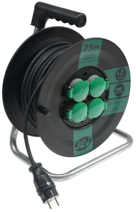 Kunststoff-Kabeltrommel, 25m Kabel, IP44 H05RR-F 3G1,5mm², schwarze Gummileitung